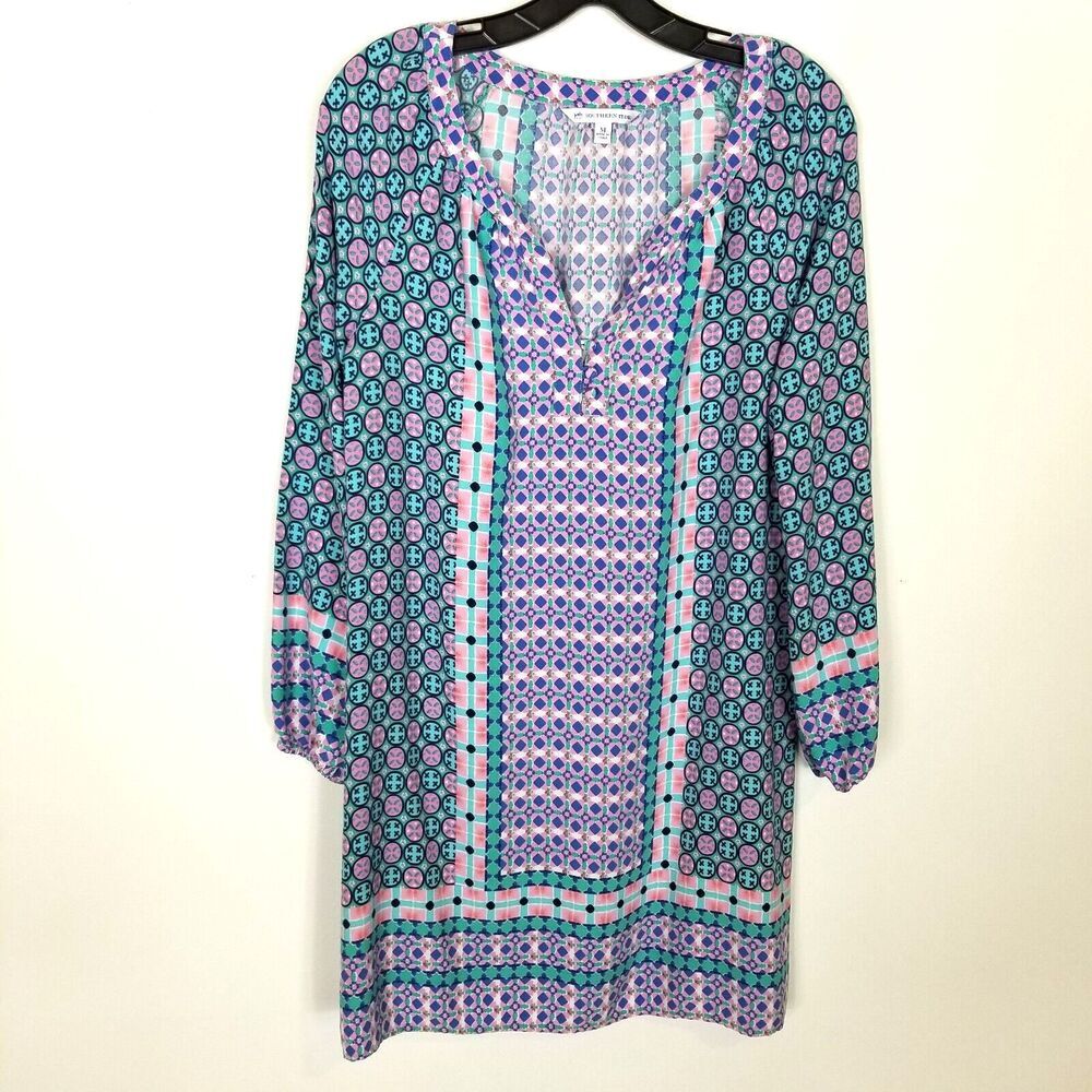 Southern Tide Womens Geo Flowy Tunic Dress Sz M Blue Pink Cruise‎ Wear Summer